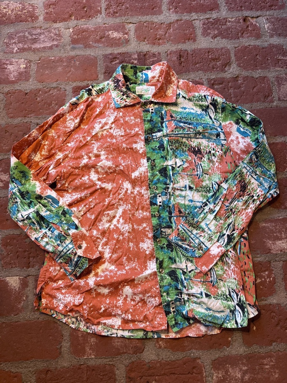 Seaplane Men's XL Colorblock Abstract Print Button-Up Shirt Orange Coral & Green